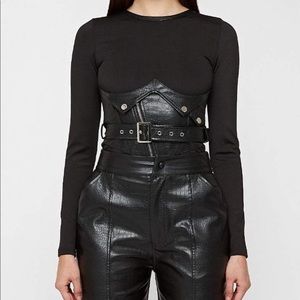 Manière De Voir  | BODYSUIT WITH CROC VEGAN LEATHER CORSET - BLACK